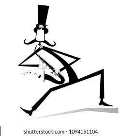 Cartoon long mustache saxophonist illustration isolated. Smiling mustache man in the top hat is playing music on saxophone with inspiration isolated black on white vector
