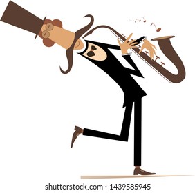 Cartoon long mustache saxophonist illustration isolated. Smiling mustache man in the top hat is playing music on saxophone with inspiration isolated on white
