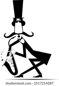 Cartoon long mustache saxophonist in the top hat. 
Funny mustache man in the top hat with saxophonist. Black and white illustration
