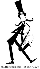 Cartoon long mustache saxophonist in the top hat. Funny mustache man in the top hat with saxophonist. Black and white illustration	