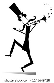 Cartoon long mustache trumpeter is playing music illustration isolated. Mustache man in the top hat playing trumpet silhouette black on white vector

