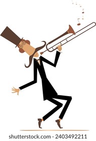 Cartoon long mustache trumpeter is playing music. Mustache man in the top hat playing trombone. Black on white illustration