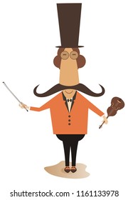 Cartoon long mustache violinist illustration. Smiling mustache man in the top hat with violin and fiddlestick isolated illustration vector 
