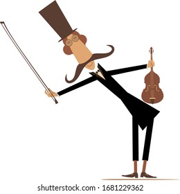 Cartoon long mustache violinist illustration. Smiling mustache man in the top hat with violin and fiddlestick isolated on white illustration
