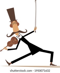 Cartoon long mustache violinist illustration. 
Smiling mustache man in the top hat with violin and fiddlestick isolated on white illustration
