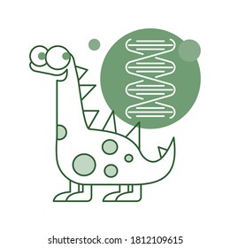 Cartoon of a long necked sauropod dinosaur and DNA illustration. Flat style. Isolated on white background. 