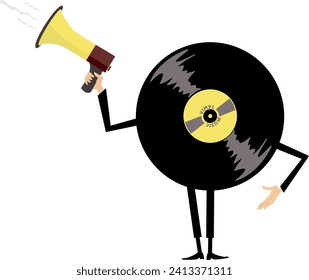 Cartoon long playing record holding megaphone. 
Retro record player. Cartoon long playing record makes announcement to megaphone. Isolated on white background 
