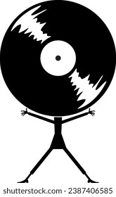 Cartoon long playing record.
Retro record player. Person with long playing record head. Black and white illustration
