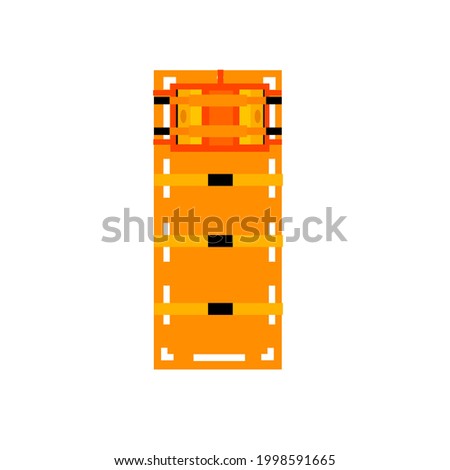 Cartoon of a long spinal board with full head immobilizer on white background. 