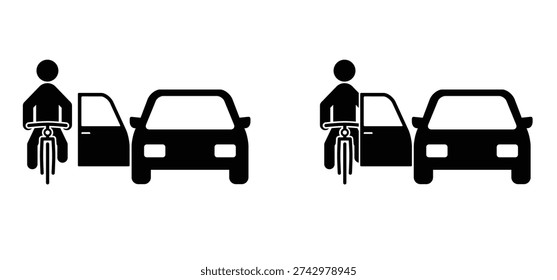 Cartoon look before you open the car door. Beware of opening car doors. Warning concept. Dangerous situation for bike path. Passenger opens car door for cyclist. Cycling to school or work, traffic.