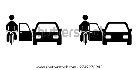 Cartoon look before you open the car door. Beware of opening car doors. Warning concept. Dangerous situation for bike path. Passenger opens car door for cyclist. Cycling to school or work, traffic.