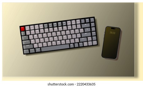 cartoon look keyboard and smartphone on desk design vector