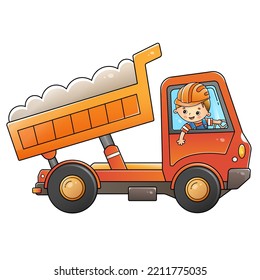 Cartoon lorry or dump truck with worker. Construction vehicles. Colorful vector illustration for children.