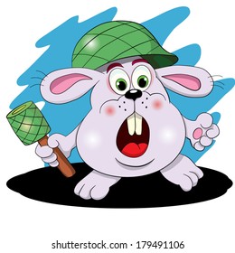 Cartoon loud hare with a battle grenade in a hand.