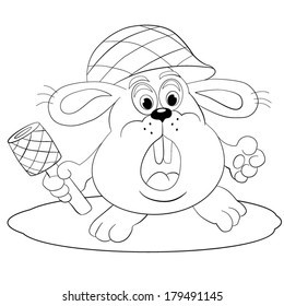 Cartoon loud hare with a battle grenade in a hand. Coloring book.