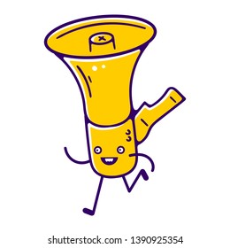 Cartoon Loudspeaker. Running Yellow Megaphone. Kawai Mouthpiece. Refer a Friend. Referral Program. Kawai Loudspeaker on white background isolated. Stock Vector Illustration. Cartoon style. 