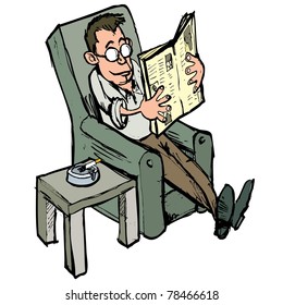 Cartoon in a lounge chair reading a newspaper with ash tray on the side table