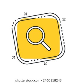 Cartoon-Lupe-Symbol-Vektorillustration. Vergrößerungsglas auf isoliertem gelbem quadratischem Hintergrund. Suchbegriff für Bildschirmlupe.
