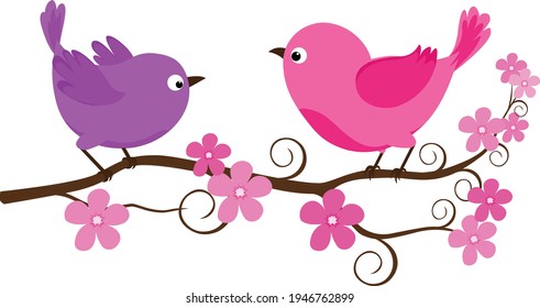 Cartoon love birds sitting on a flower tree illustration vector isolated on white background