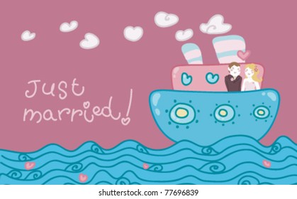 Cartoon love boat with a just married couple.