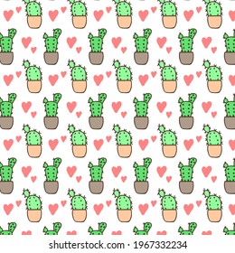 cartoon love cactus pattern. seamless lanthouse pattern. drawing cactus seamless pattern.