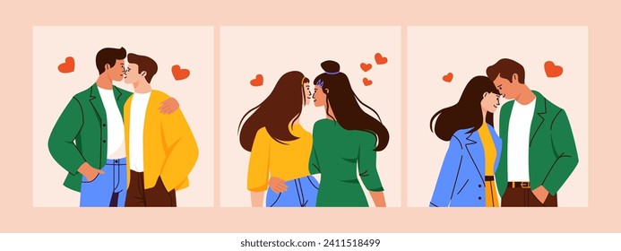 Cartoon love couples. Happy gay lesbian partners, people in romantic relationships, lovers kissing, cuddling, hugging. Flat colored vector set