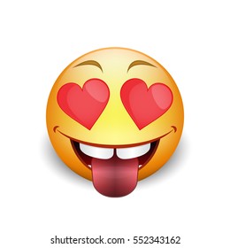 Cartoon love emoticon smiley with hearts eyes and tongue out drooling, vector.