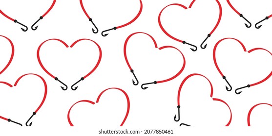 Caricatura que me encanta pescar y enganchar con el cartel del corazón de amor o pescar con amor. Icono de varas de pescado o pictograma. Deporte de afición favorito para la gente.