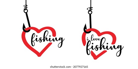 Cartoon i love fishing withe love heart or fishing with love. Fish icon or pictogram. Favorite hobby sport for people. Fish food or fish hook or fishhook. National go fishing day
