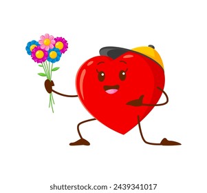 Cartoon love heart character with flowers. Isolated vector kneeling heart-shaped male heart personage holding vibrant bouquet, making love declaration at Valentines day with a big and friendly smile