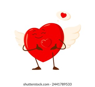 Cartoon love heart character send a love. Isolated cute vector red heart-shaped personage with white angel wings beaming with joy at Valentines day, expressing passion, affection and romantic greeting