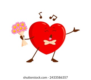 Cartoon love heart character singing a song at Valentines Day. Isolated vector passionate heart personage, joyfully performs serenade with closed eyes and flower bouquet in hand, notes floating around