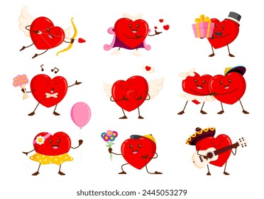 Cartoon love heart characters. Valentines day, wedding and marriage ceremony. Vector set of cute personages with gift, amour bow, flower bouquet and mariachi guitar, angel, singer and couple dance