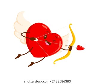 Cartoon love heart cherub cupid character with angel wings, wields a bow and arrow, radiating joy and affection with a mischievous smile. Isolated vector red heart festive personage for Valentines day