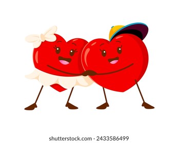 Cartoon love heart couple characters. Isolated vector two red male and female hearts joyfully dance, holding hands, in a whimsical display of affection. Heartwarming romantic Valentine personages