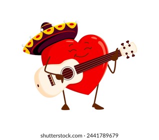 Caricatura del amor del corazón del personaje del músico en el sombrero mexicano que toca la guitarra. Personaje romántico lindo aislado del corazón del mariachi del vector celebra la fiesta del Cinco de Mayo o el día de San Valentín cantan la serenata romántica