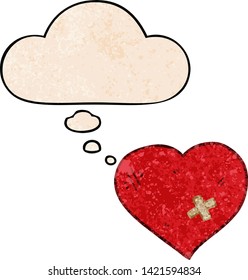 cartoon love heart with sticking plaster with thought bubble in grunge texture style
