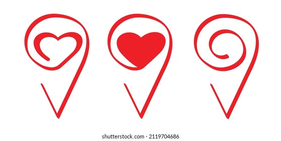Cartoon love, heart and wedding pointer icon or logo. Pinpoint location symbol. valentine, valentines day on 14 february. Tracking, track, trail map, pin or pointer location icon or symbol.