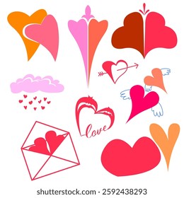 Cartoon love hearts of different shapes and colors
