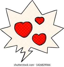 cartoon love hearts with speech bubble in comic book style