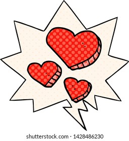cartoon love hearts with speech bubble in comic book style