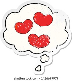 cartoon love hearts with thought bubble as a distressed worn sticker