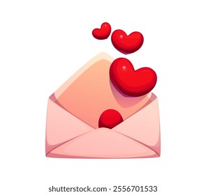 Cartoon love letter envelope with red hearts floating above, symbolizing romance, passion and affection. Isolated vector charming mail, message for Valentine Day and romantic occasion celebration