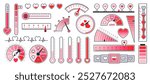 Cartoon love level meters. Red hearts gauges and scales, romantic feelings thermometers and indicators, valentines day decor elements, user interface. Minimalistic tidy vector flat isolated set