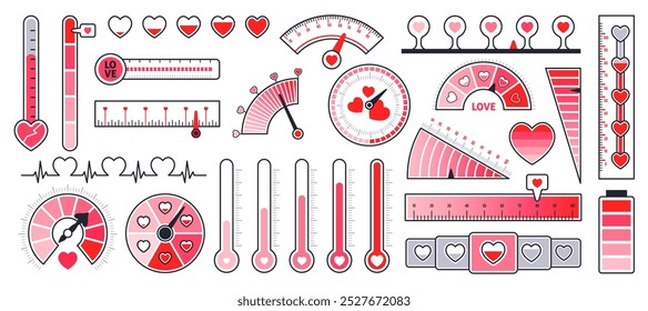 Medidores de nível de amor de desenhos animados. Manômetros e escalas de corações vermelhos, sentimentos românticos termômetros e indicadores, elementos de decoração dia dos namorados, interface do usuário. Conjunto isolado plano de vetor limpo minimalista