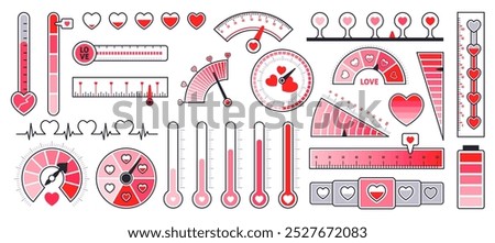 Cartoon love level meters. Red hearts gauges and scales, romantic feelings thermometers and indicators, valentines day decor elements, user interface. Minimalistic tidy vector flat isolated set