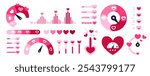 Cartoon love meters. Valentines day romantic scales. Amour indicators. Dials and thermometers with pink hearts. Passion level. Speedometer arrow. Romance measuring