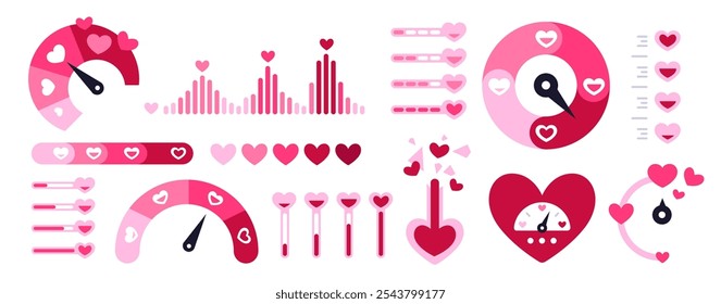 Cartoon-Liebeszähler. Valentinstag romantische Waage. Amour-Indikatoren. Zifferblätter und Thermometer mit rosa Herzen. Passionsstufe. Geschwindigkeitsmesser-Pfeil. Romanvermessung