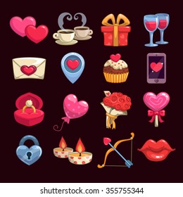 Cartoon love and passion icons, vector stickers for Valentine's Day items design