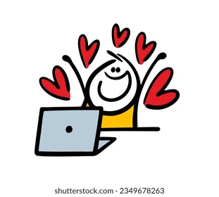 Cartoon in love stickman raised his hands in delight and is surrounded by hearts. vector illustration of a man meeting a woman online on social networks. Funny character isolated on white background.